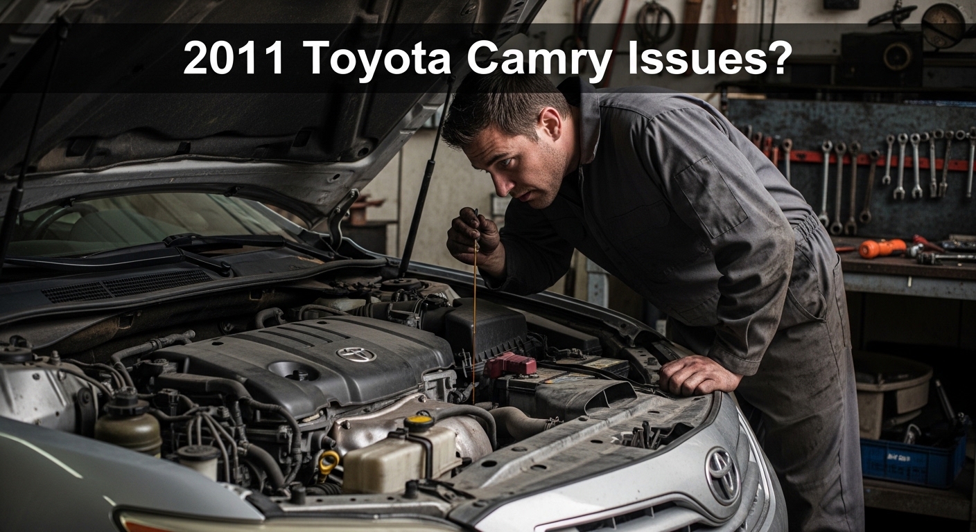Mechanic inspecting engine bay of a 2011 Toyota Camry with hood open in garage, highlighting common 2011 Toyota Camry Issues?