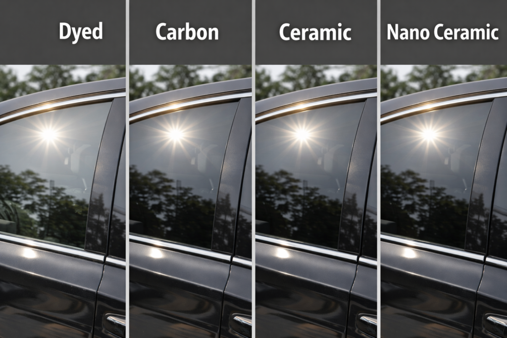Dyed, carbon, ceramic, and nano ceramic tint comparison on Toyota Camry window showing glare reduction and tint film differences clearly
