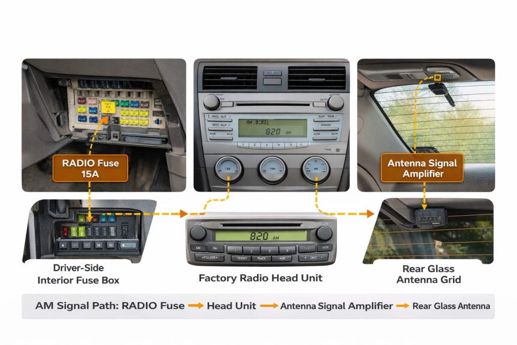 Labeled diagram of 2009 Toyota Camry AM radio system showing factory radio head unit, fuse box, and antenna signal amp paths.