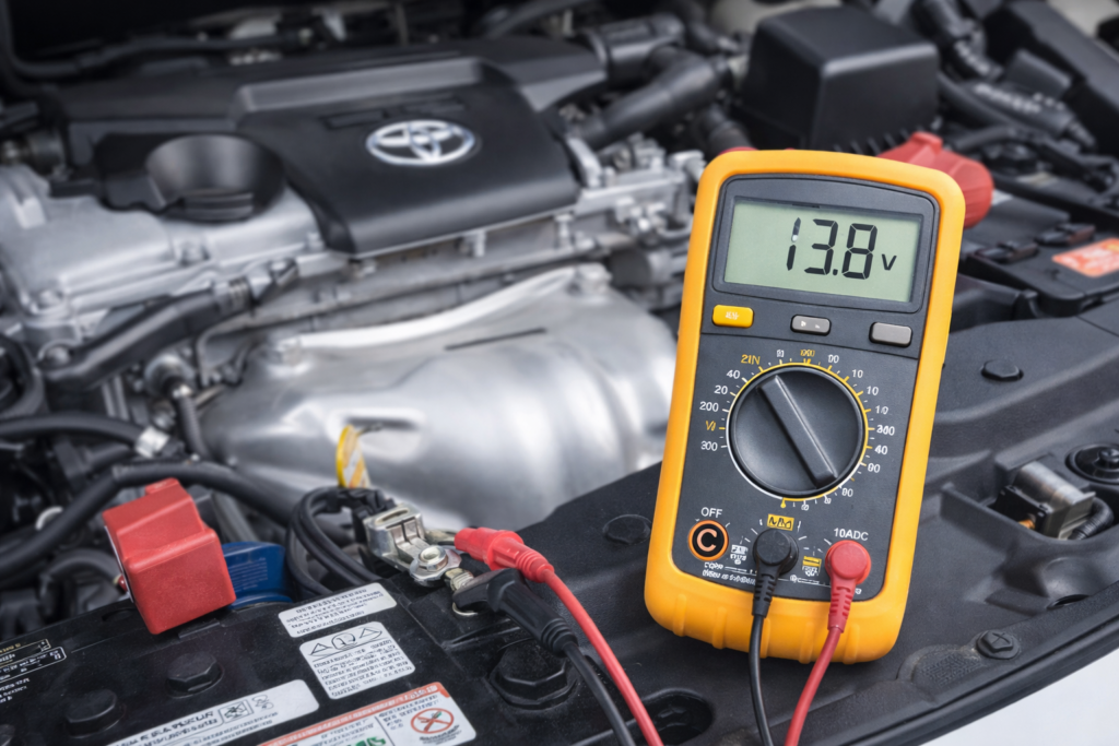 Toyota Camry battery test with multimeter showing 13.8V while engine running, checking alternator charging system output