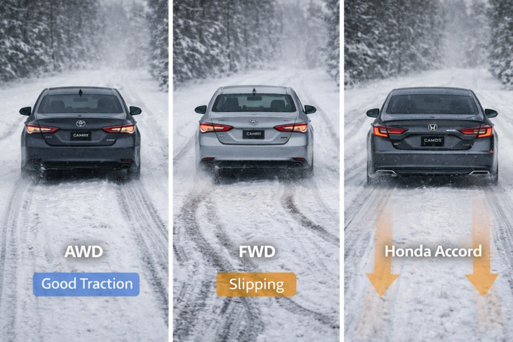 Toyota Camry AWD in snow with better traction vs FWD slipping, compared alongside Honda Accord on snowy road.
