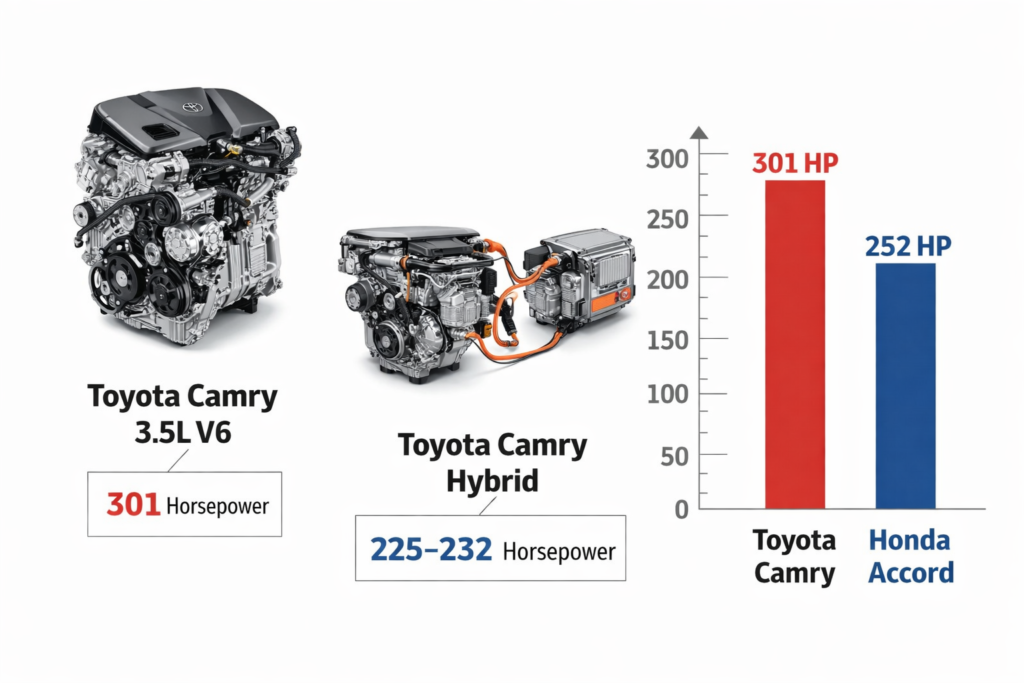 Toyota Camry V6 engine, hybrid powertrain, and horsepower comparison chart showing Camry vs Honda Accord engine power