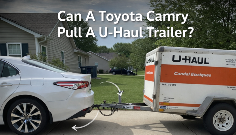 Can A Toyota Camry Pull A Uhaul Trailer? White Camry towing small U-Haul cargo trailer in driveway setting.