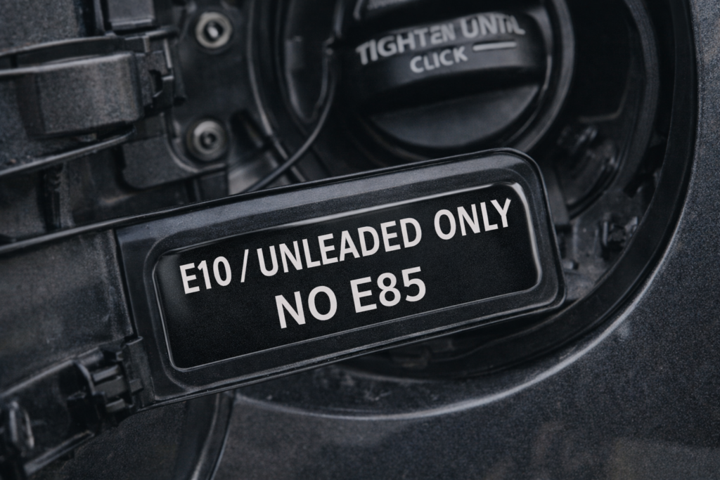 Toyota Camry fuel cap label showing E10 unleaded only and no E85 warning, explaining ethanol fuel compatibility and safe fuel use
