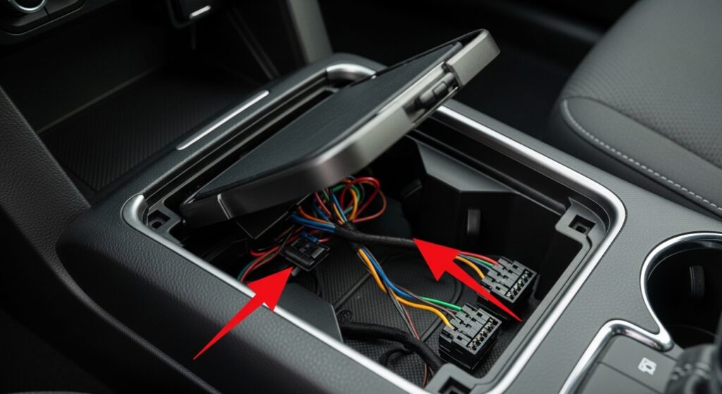 Car center console open showing power lock wiring connectors and harness inside dashboard for repair guide reference. detail.
