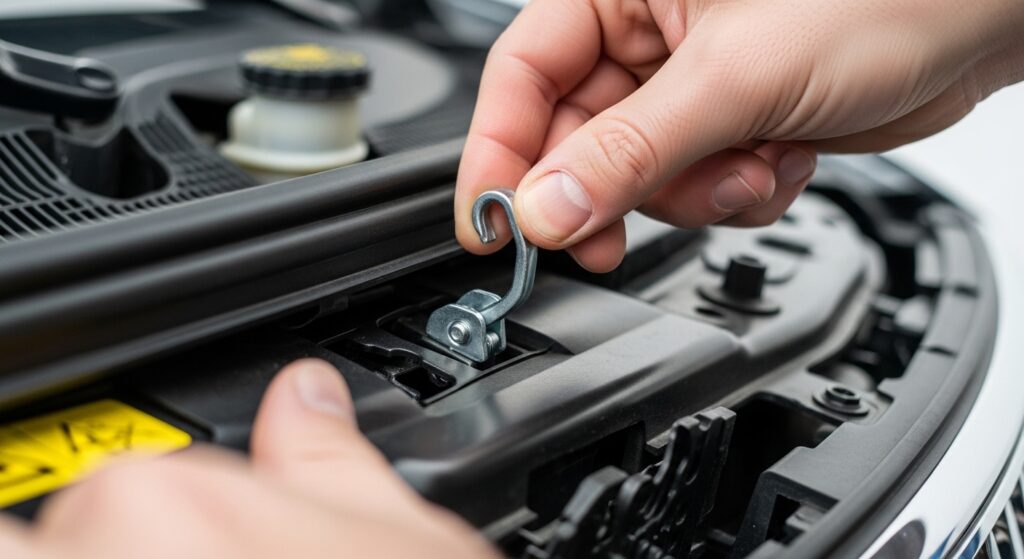 Toyota Camry hood latch release under front hood being lifted by hand close-up engine bay view
