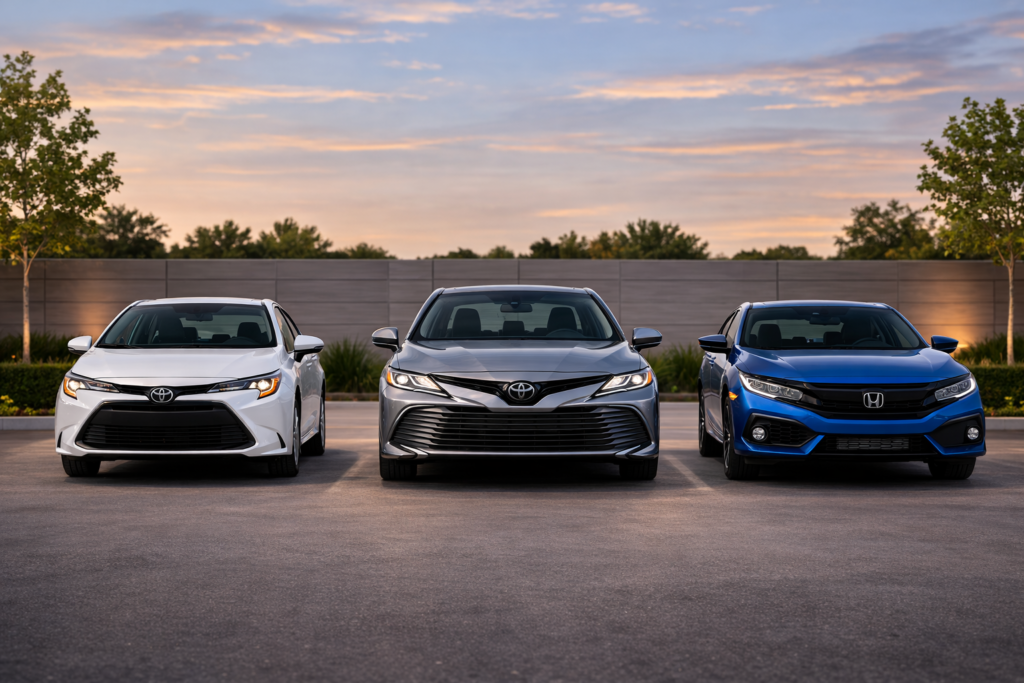 Front view lineup of Toyota Camry centered between Corolla and Honda Civic, showing how the Camry compares to compact sedans in size.
