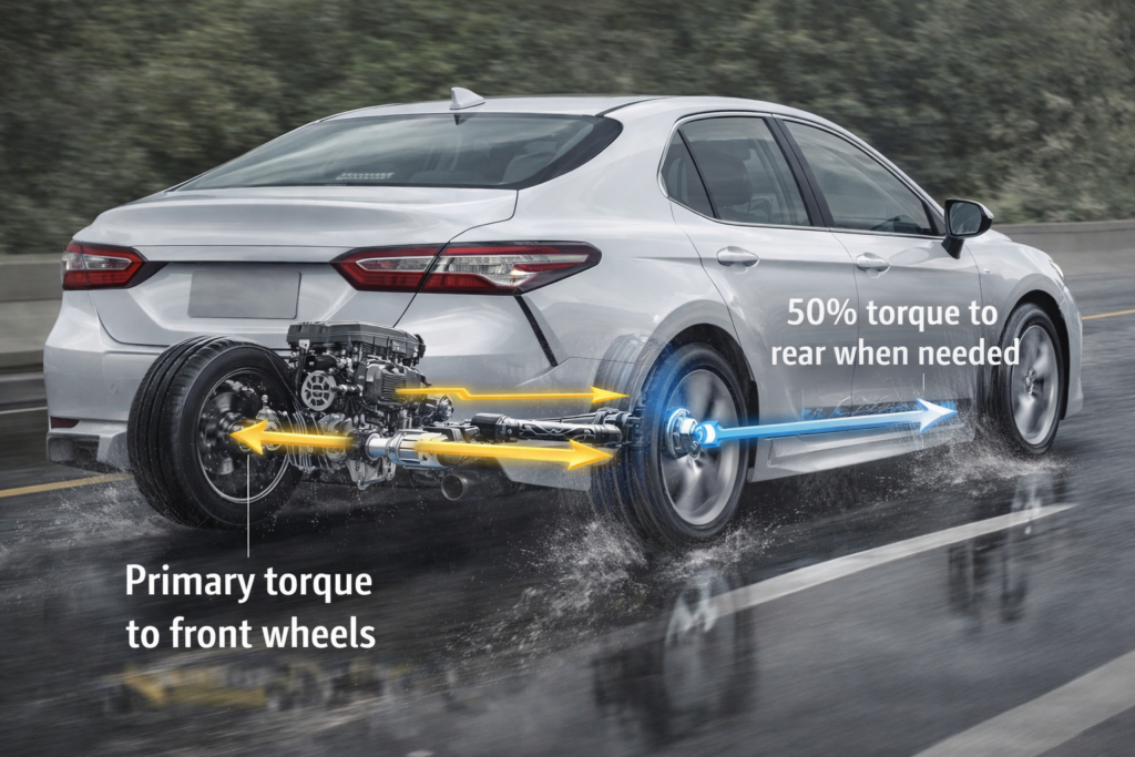 Toyota Camry AWD system diagram showing front wheel primary torque and rear wheel power activation when slip is detected

