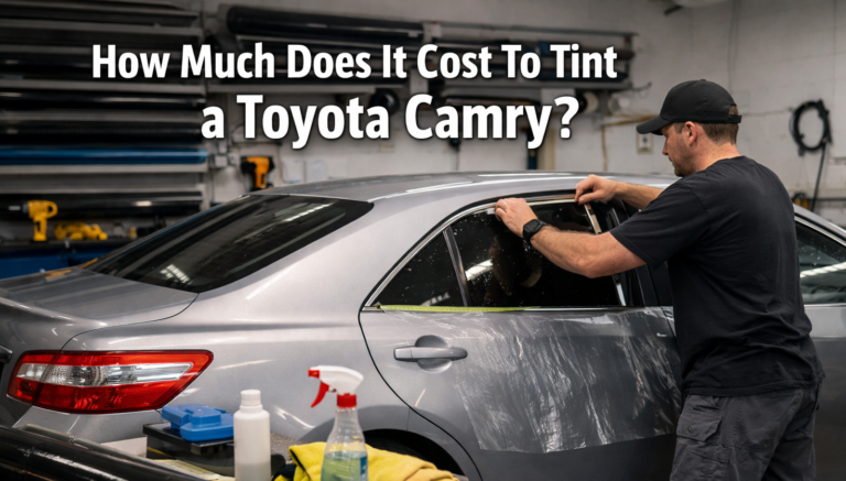 Toyota Camry in tint shop with installer measuring windows and tint film, showing cost to tint a Toyota Camry process and preparation