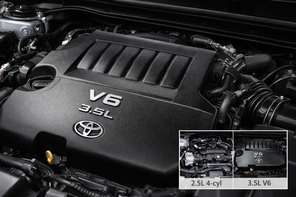 Close-up 3.5L V6 engine bay with badge visible and inset 2.5L comparison explaining how-much-horsepower-does-a-toyota-camry-have
