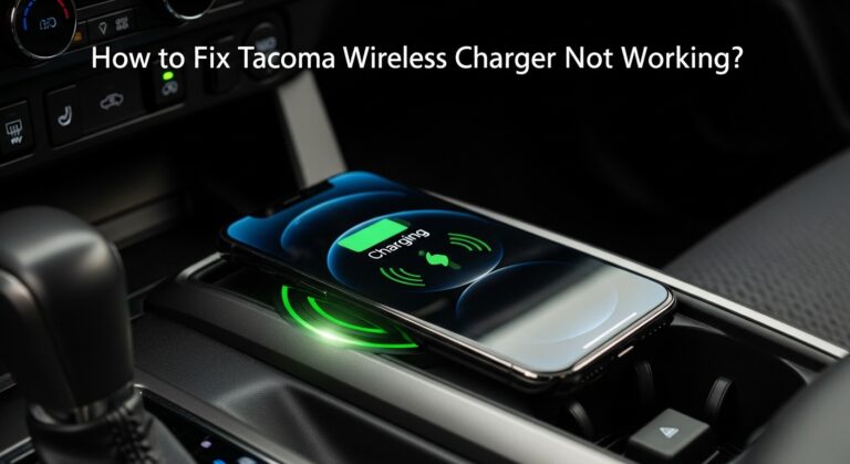 How to Fix Tacoma Wireless Charger Not Working? Smartphone on Toyota Tacoma charging pad inside center console.