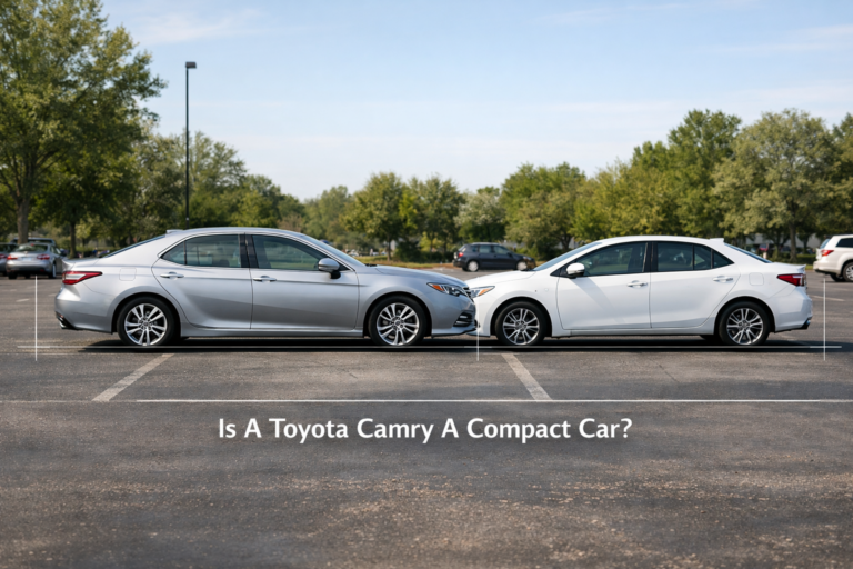 Side-by-side view of Toyota Camry and Corolla in a parking lot showing size difference, answering Is A Toyota Camry A Compact Car?