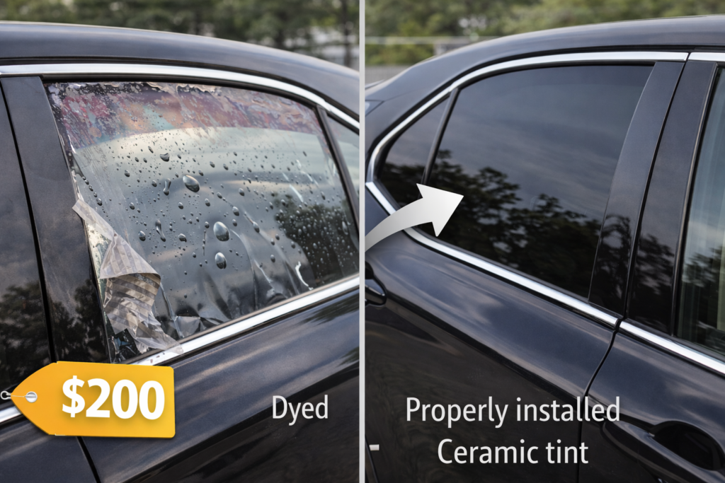 Cheap $200 Toyota Camry tint showing bubbling and peeling film compared to clean, properly installed ceramic tint finish quality
