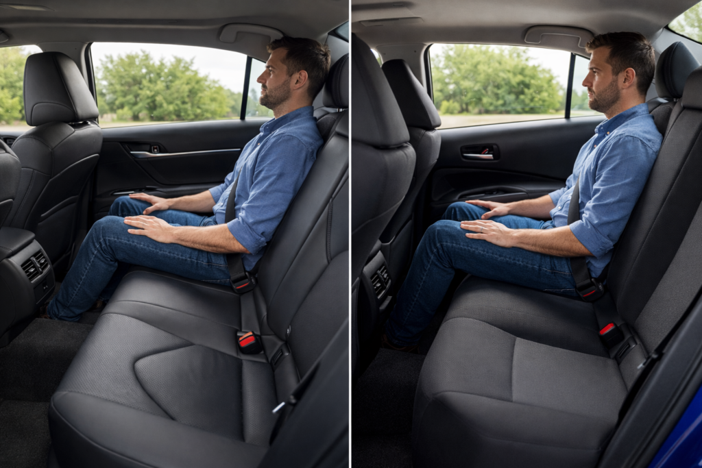 Rear passenger legroom comparison showing Toyota Camry vs Corolla, highlighting bigger Camry rear seat space and more comfortable seating area
