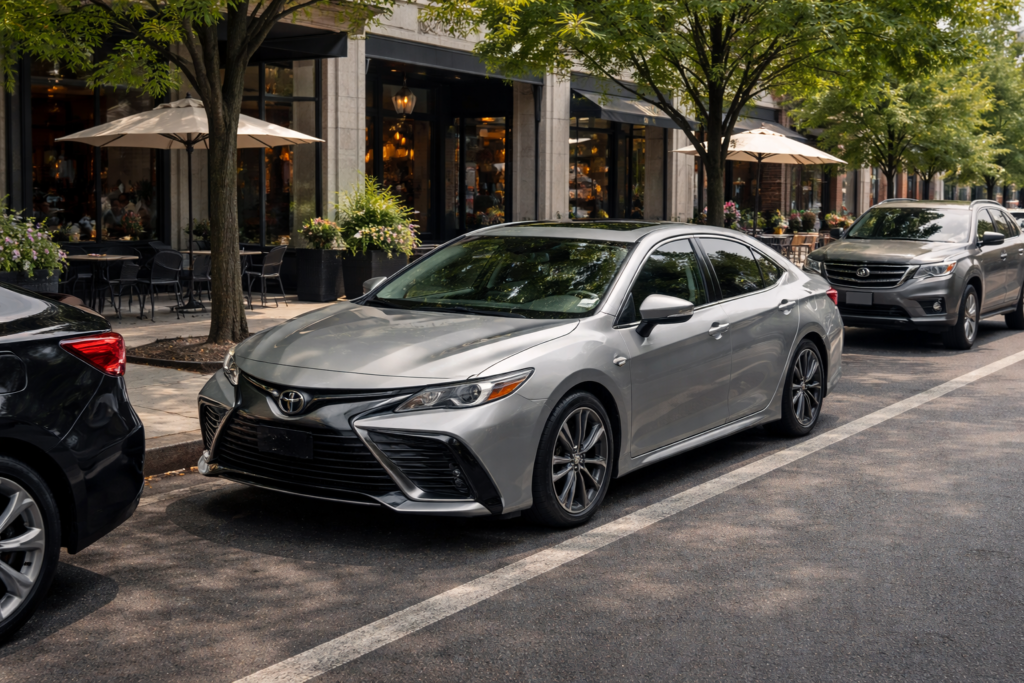 Toyota Camry parallel parked on normal city street, showing realistic size and ease of city driving in urban parking space environment