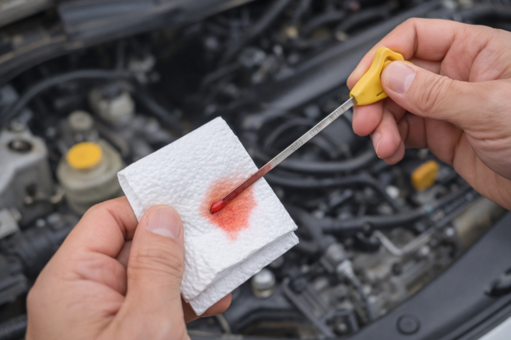 Automatic transmission fluid dipstick check with red ATF on cloth under hood, inspecting torque converter and transmission health