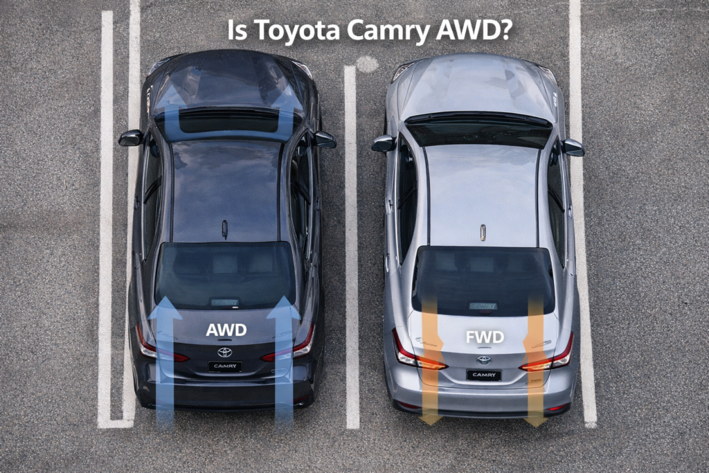 Is Toyota Camry AWD In 2026 comparison image showing AWD vs FWD models from top view with drivetrain direction arrows illustrated.