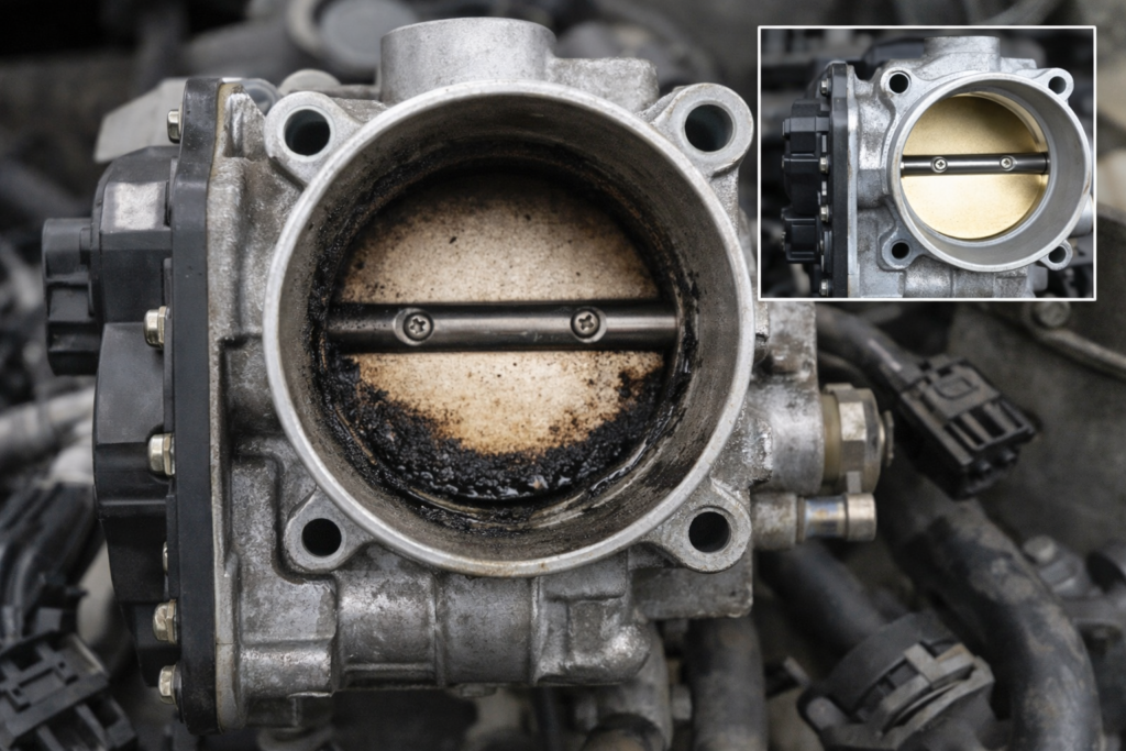Dirty throttle body with heavy carbon buildup beside clean unit, common cause of Toyota Camry shutting off when stopping