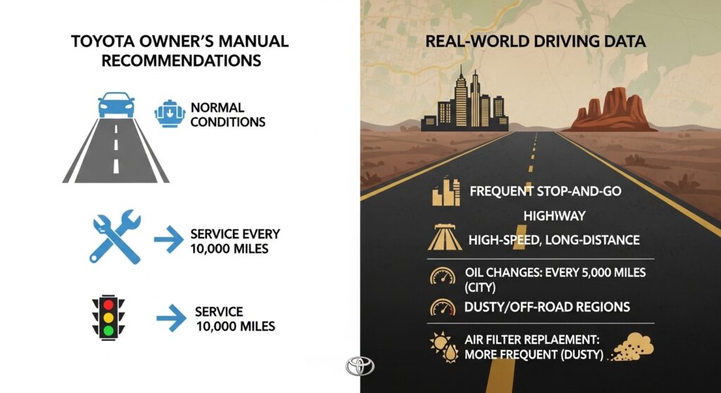 Owner’s Manual vs Real-World Driving comparison showing Toyota service intervals and severe driving conditions data.