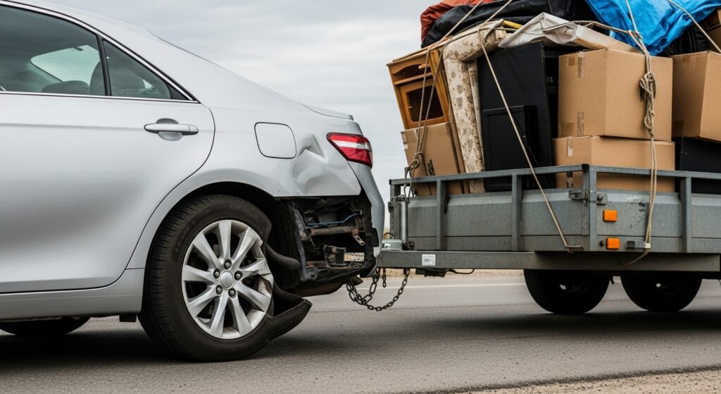 Can A Toyota Camry Pull A U-Haul Trailer? Camry towing loaded utility trailer with visible rear suspension compression.