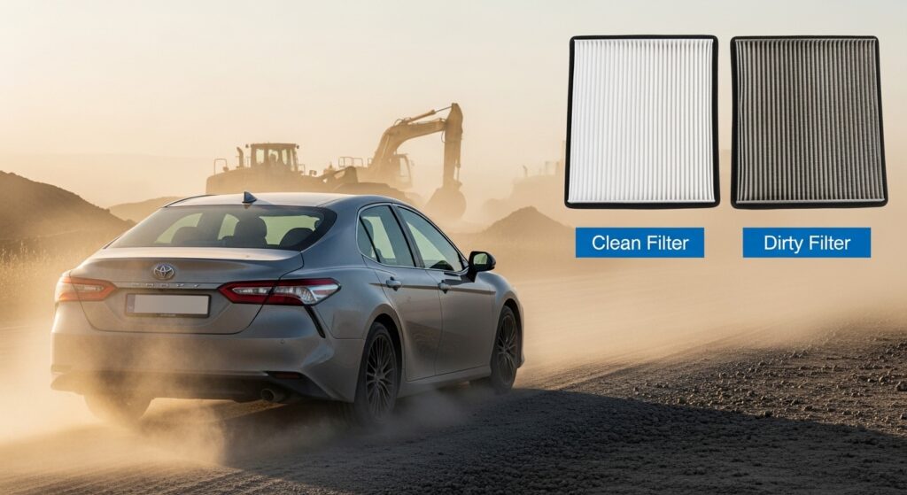 Should You Change It Sooner in Dusty or Severe Conditions? Toyota Camry driving in dust with air filter comparison.