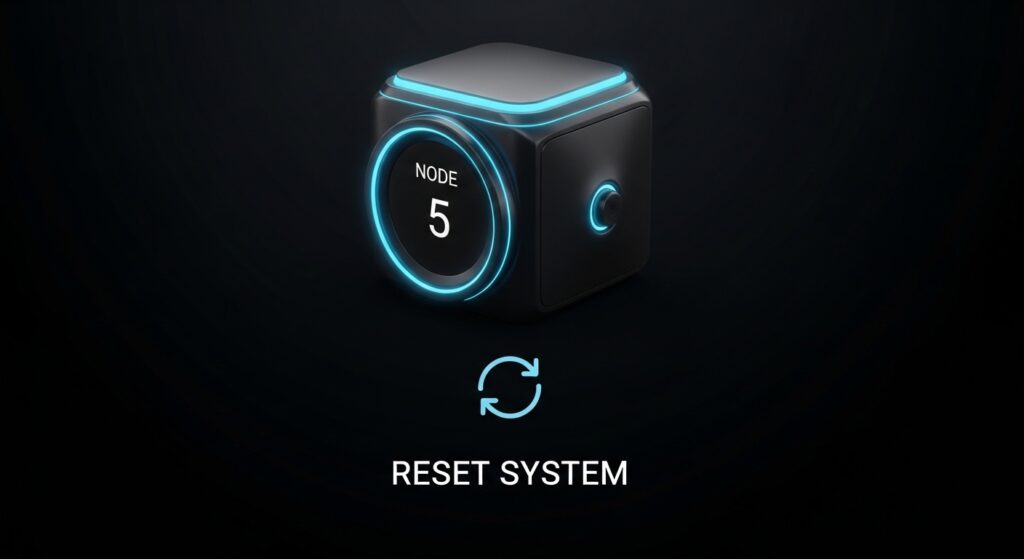 Reset system screen showing Node 5 glowing cube device with blue LED ring and refresh icon on dark background.
