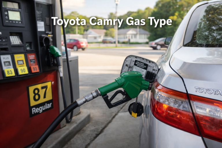 Toyota Camry gas type shown at fuel pump with 87 regular gasoline nozzle inserted and fuel door label visible in real fueling scene