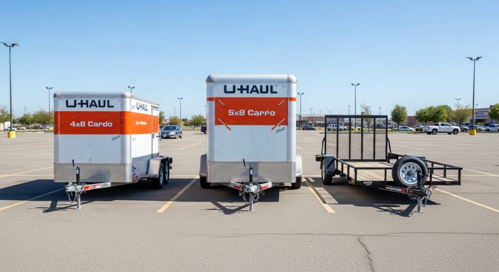 Can A Toyota Camry Pull A U-Haul Trailer? Side-by-side 4x8, 5x8 and utility trailers comparison in parking lot.