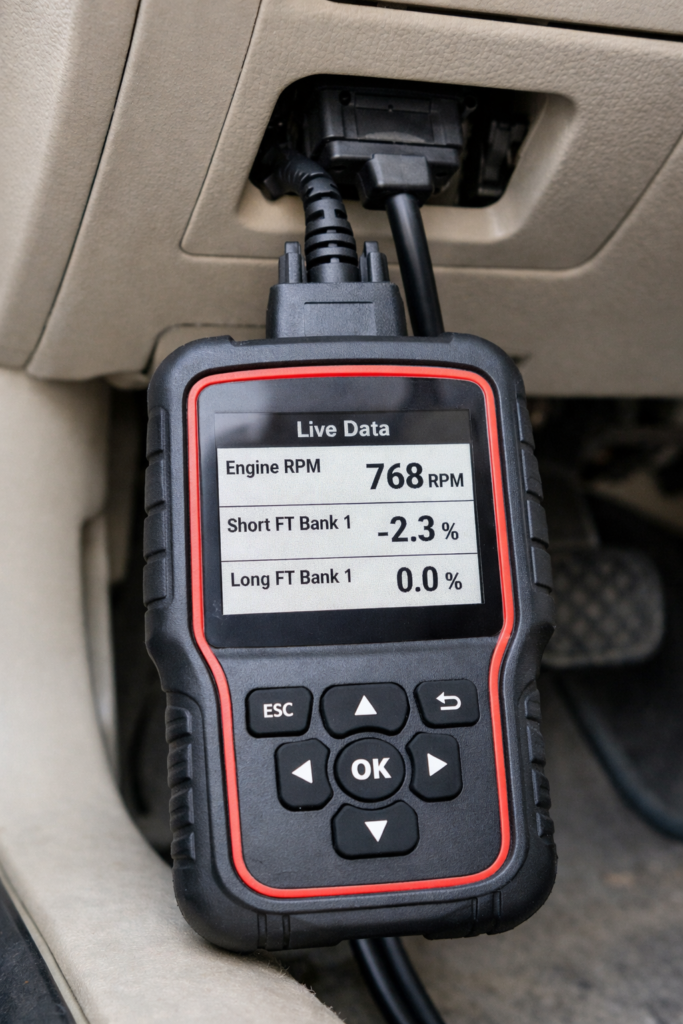 OBD2 scanner plugged into Toyota Camry OBD port under dashboard showing live RPM and fuel trim data on screen