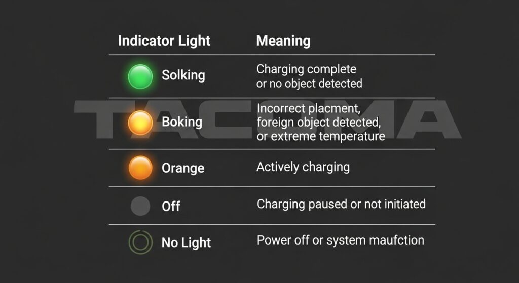 Why Is My Tacoma Wireless Charger Not Working? Indicator light meanings: green, blinking amber, orange, off, no light.