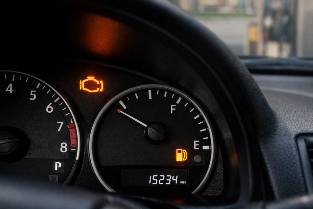 Toyota Camry dashboard showing check engine light and fuel gauge after wrong gas, warning of fuel type issue
