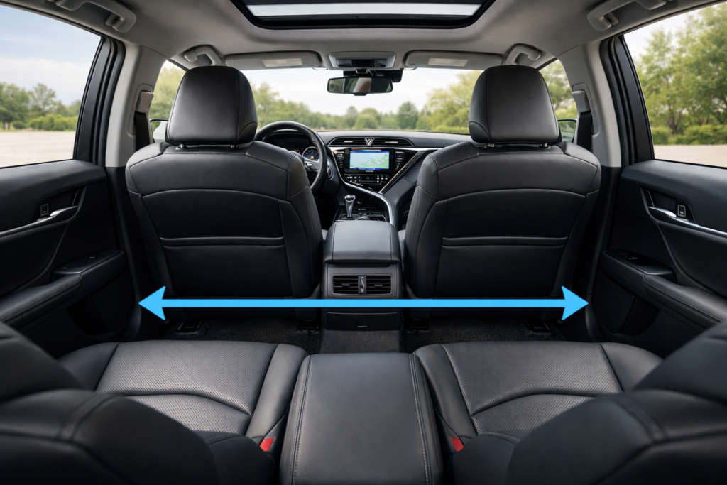 Wide-angle view of Toyota Camry interior showing spacious cabin depth and legroom, illustrating Camry EPA size classification clearly inside cabin