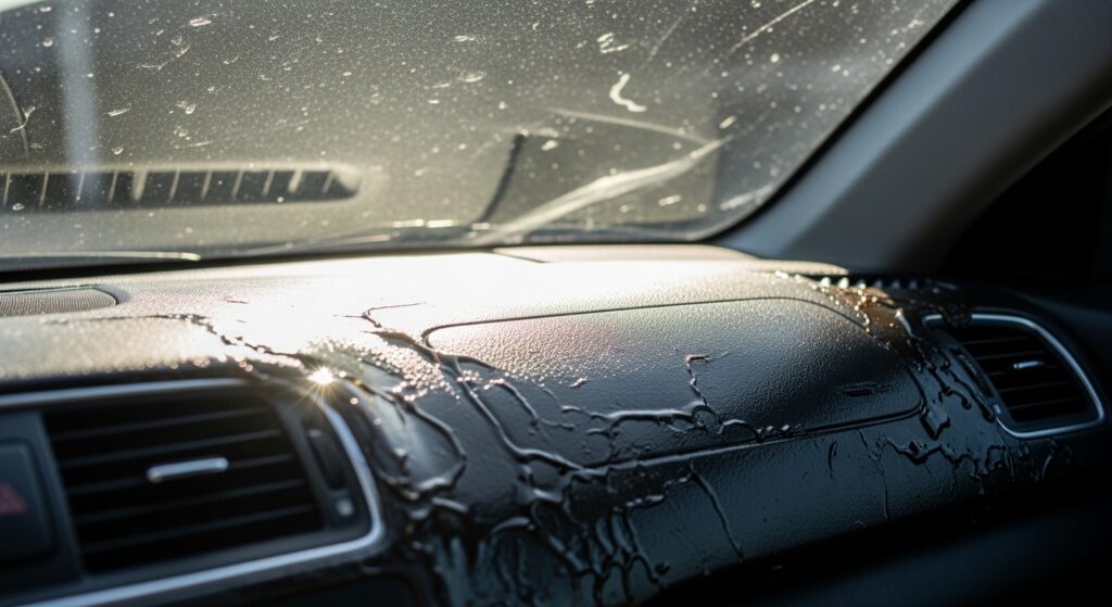 Severely melted car dashboard under windshield from extreme heat exposure, showing interior sun damage and warping.