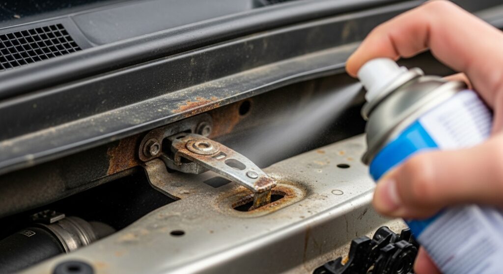 Spraying lubricant on Toyota Camry hood latch to fix rust and show how to open the hood of a Toyota Camry safely.