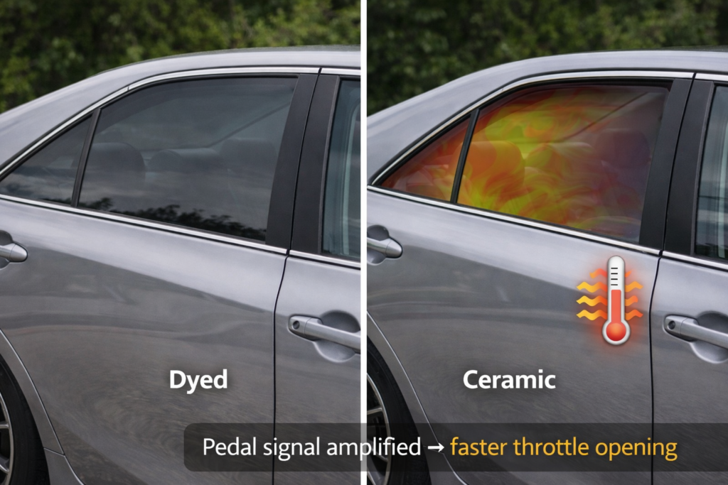 Dyed, carbon, ceramic, and nano ceramic tint samples illustrating 2026 Toyota Camry tint cost by film type and clarity differences
