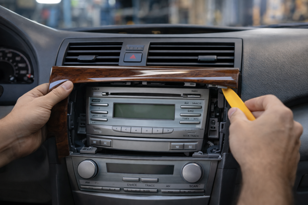 Car dashboard trim partially removed showing AM radio head unit location inside center console during real repair work.
