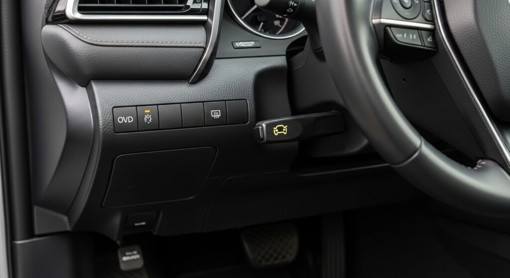 Toyota Camry hood release lever located under steering wheel on driver side dashboard close-up interior view
