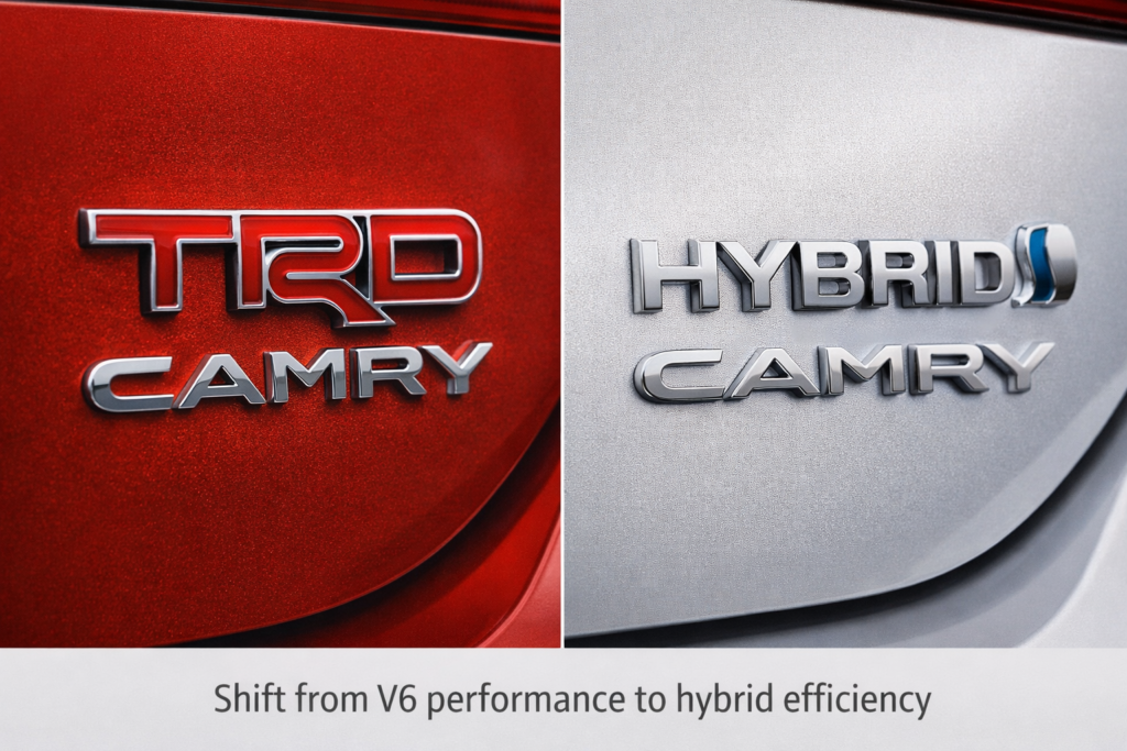 Side-by-side close-up of Camry TRD and 2026 Hybrid badges showing shift from V6 to efficiency for how-much-horsepower-does-a-toyota-camry-have
