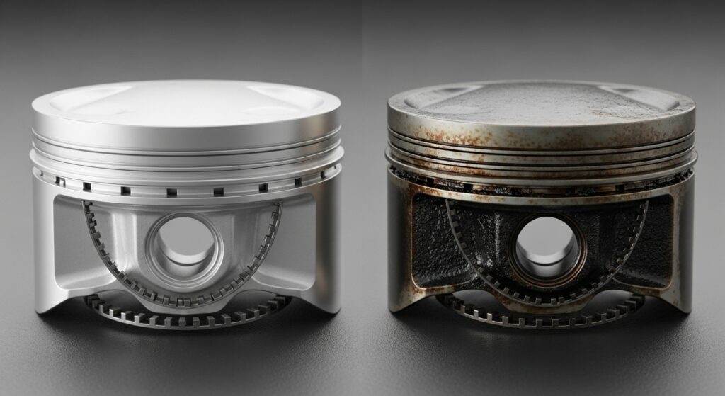 Close-up comparison of clean and carbon-clogged piston rings explaining why 2011 Camry burns oil and engine wear issues.
