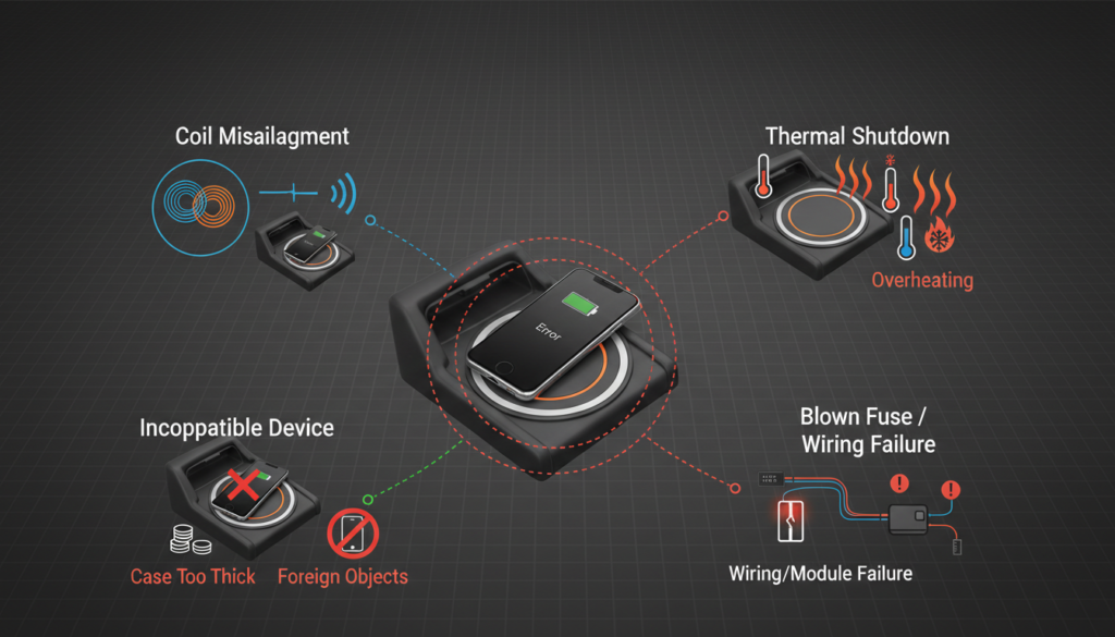 Why Is My Tacoma Wireless Charger Not Working? Diagram showing coil misalignment, fuse, heat, and wiring issues.
