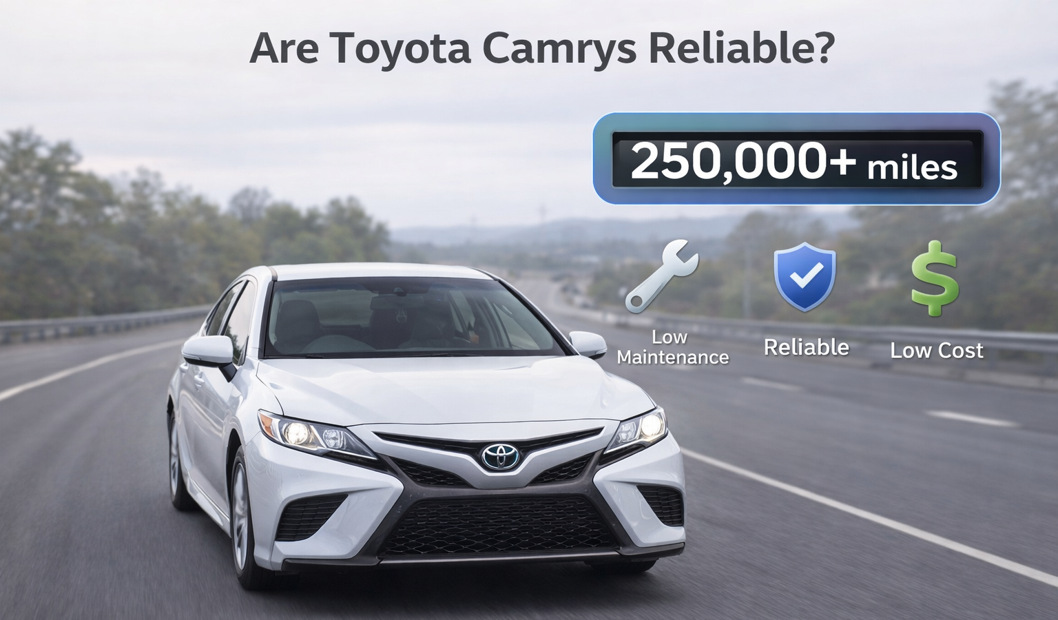 Toyota Camry driving on highway with 250,000+ miles display and icons showing low maintenance, reliability and cost, answering Are Toyota Camrys Reliable?