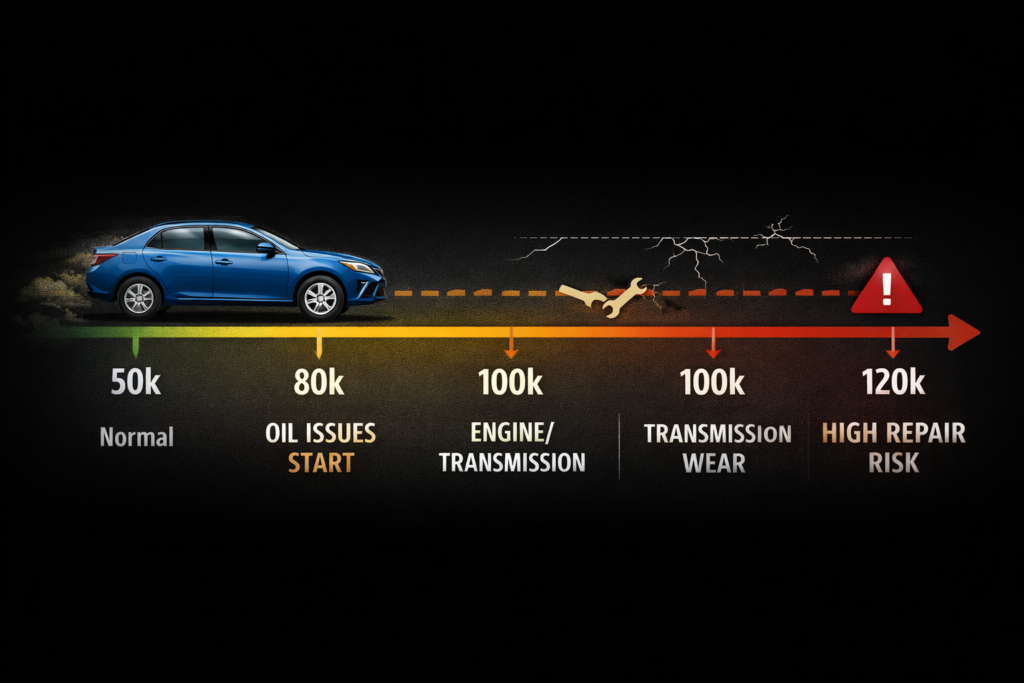 At what mileage do Toyota Camry problems start? timeline showing 50k normal, 80k oil issues, 100k wear, 120k high risk