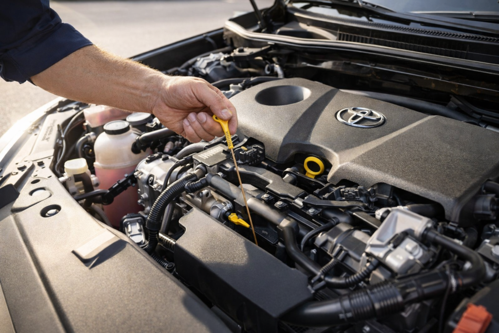 Mechanic checking engine oil level with dipstick in a Toyota Camry engine bay during routine maintenance inspection in sunlight.
