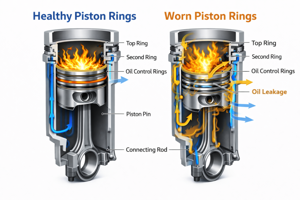 Automotive diagram comparing healthy vs worn piston rings inside engine cylinder with arrows showing oil leakage into combustion chamber.
