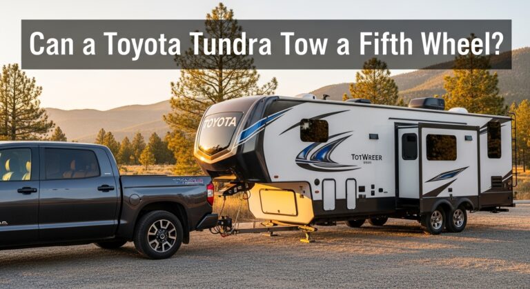 Toyota Tundra towing a large fifth-wheel RV trailer on a scenic road, illustrating the question: Can a Toyota Tundra Tow a Fifth Wheel safely?