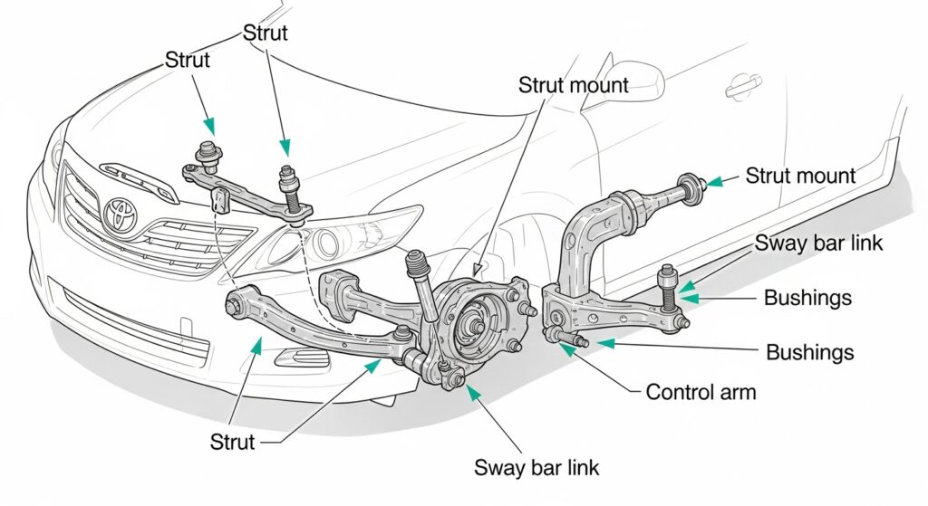 Front suspension diagram showing struts, sway bar links, bushings, and control arms explaining could suspension parts such as struts or sway bars cause this noise