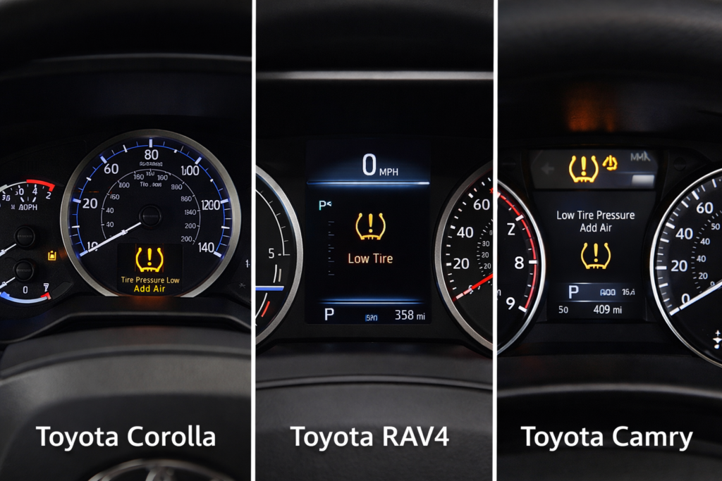 Toyota Corolla, RAV4, and Camry dashboard comparison showing TPMS warning light variations across models
