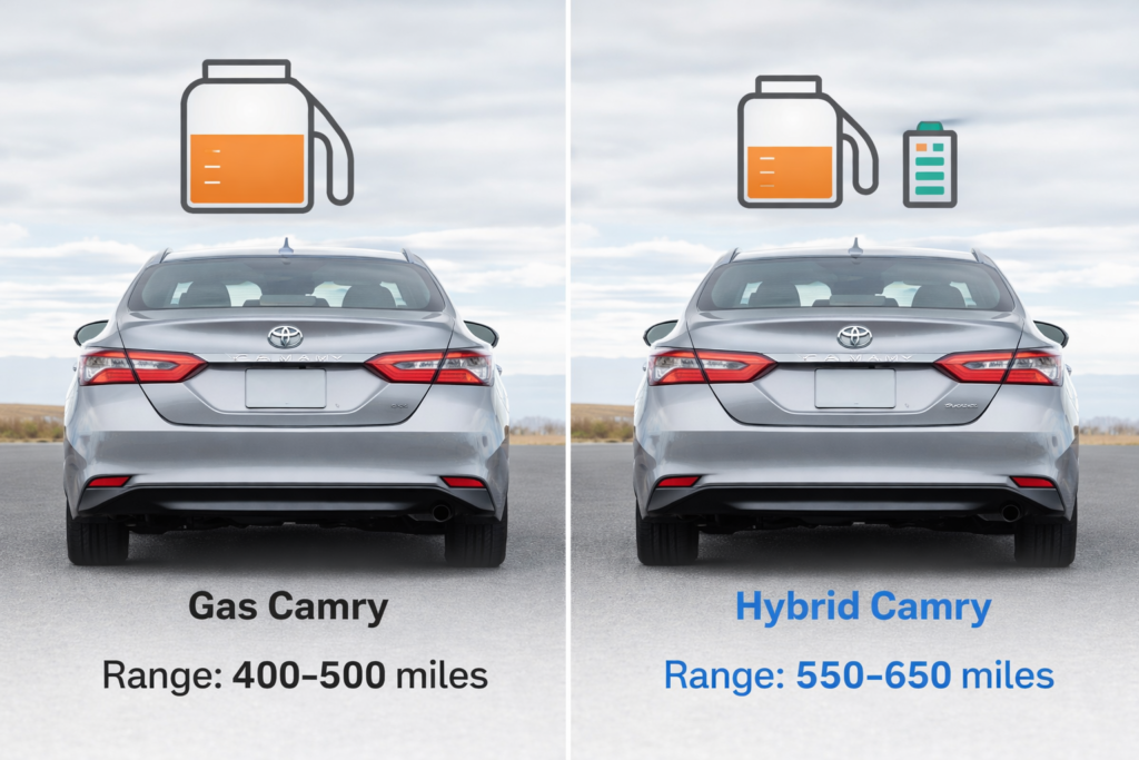Side-by-side comparison of Gas and Hybrid Toyota Camry showing fuel tank size and range to explain if hybrid holds less gas.
