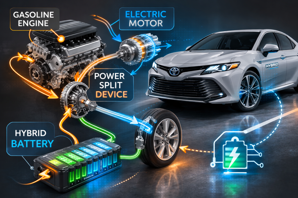 Hybrid drivetrain diagram with gasoline engine, electric motor, hybrid battery and power split device showing Toyota Camry hybrids longevity.
