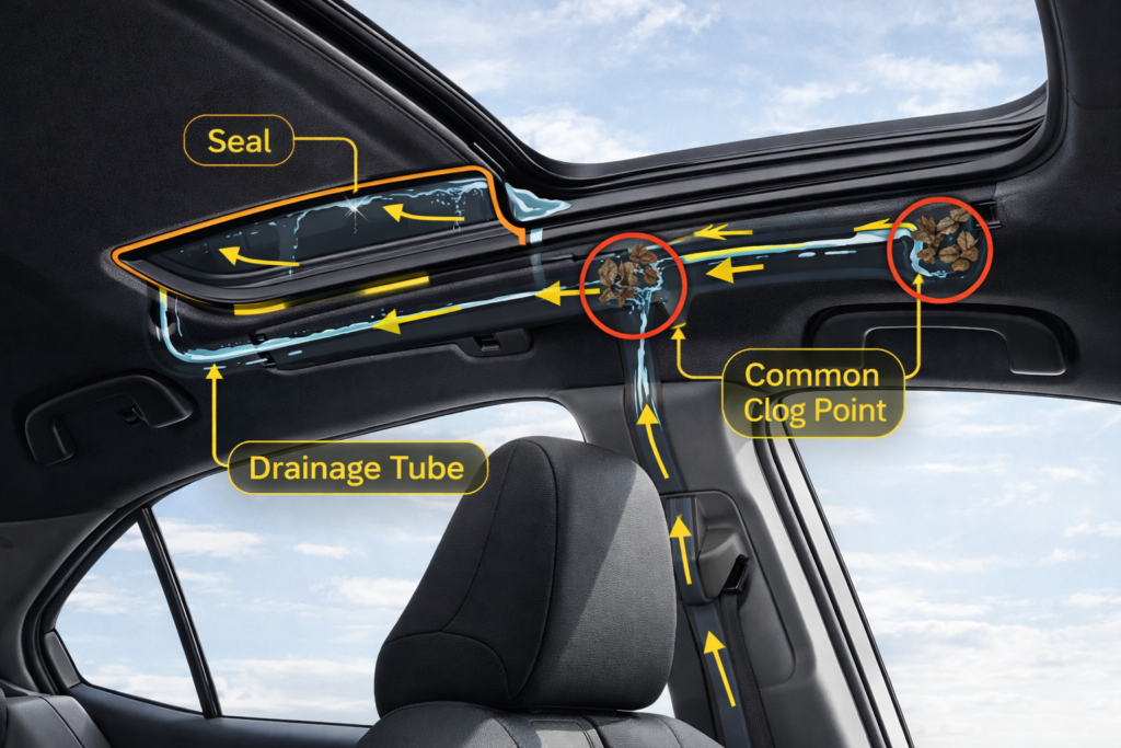 Toyota Camry sunroof drainage system showing seals, common clog points, and tube flow to prevent leaks effectively.